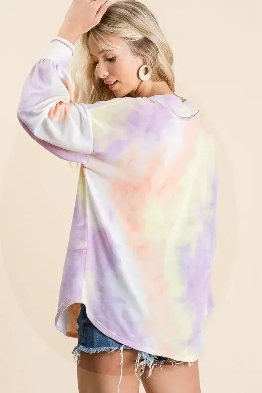 BiBi Tie Dye French Terry V-Neck Top with Puff Sleeves - DAVERRI FASHIONS