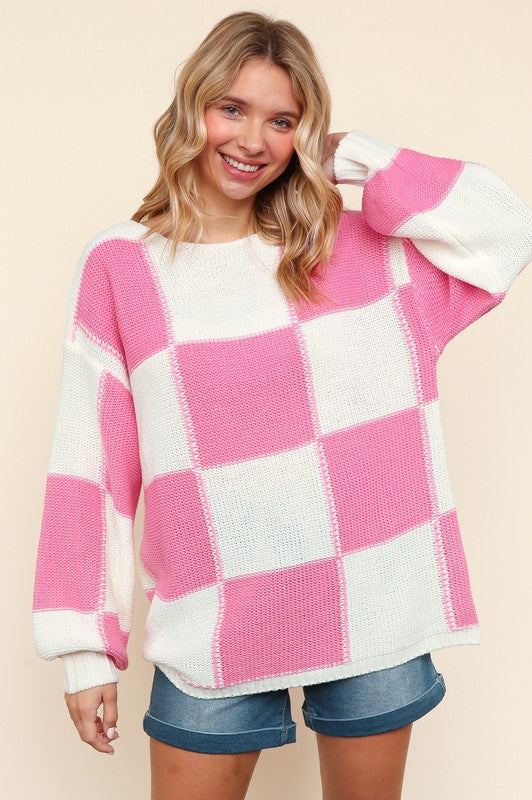 Checkered Round Neck Drop Shoulder Sweater Sweaters