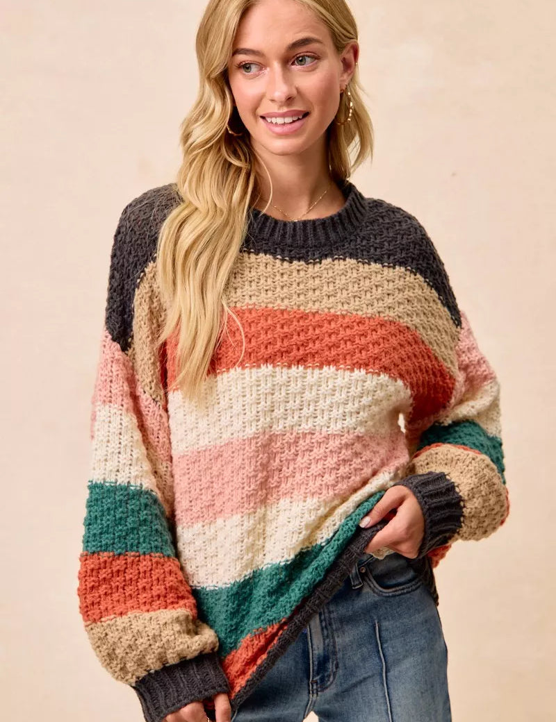 CHARCOAL TEAL COMBO XL BiBi Stripes Color Block Chunky Sweater | Sweaters Daverri Fashions