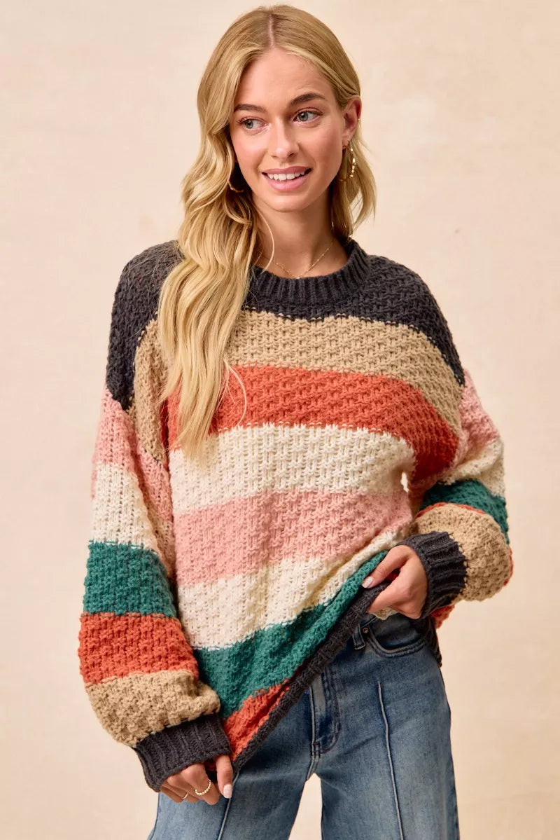 CHARCOAL TEAL COMBO XL BiBi Stripes Color Block Chunky Sweater | Sweaters Daverri Fashions