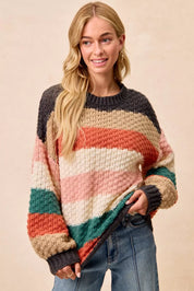 CHARCOAL TEAL COMBO XL BiBi Stripes Color Block Chunky Sweater | Sweaters Daverri Fashions