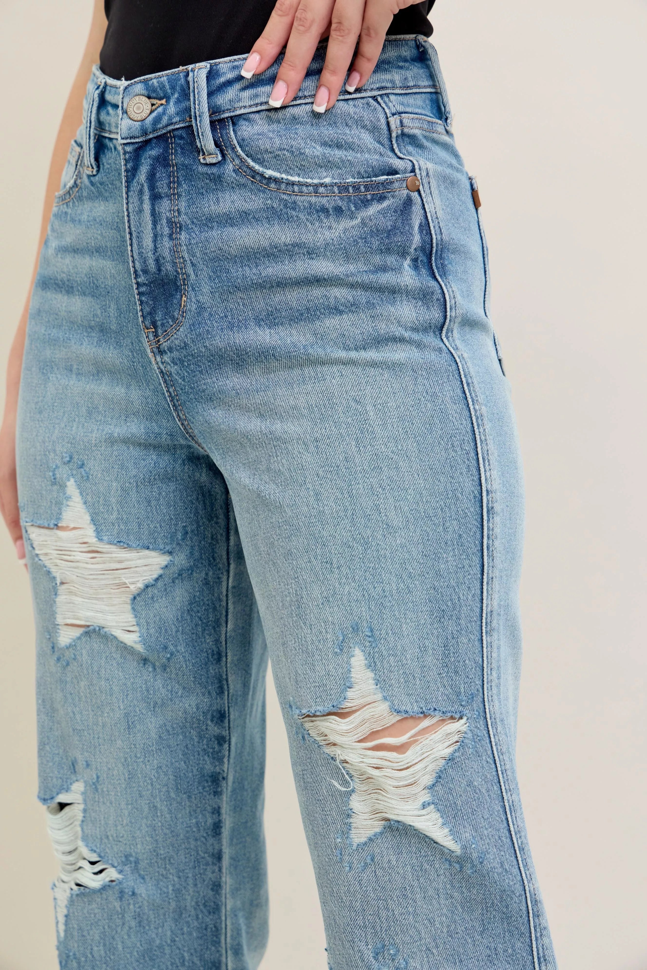 Judy Blue Full Size High Waist Rigid Magic Star Shaped Destroy 90's Straight Jeans Plus Size | Jeans Daverri Fashions