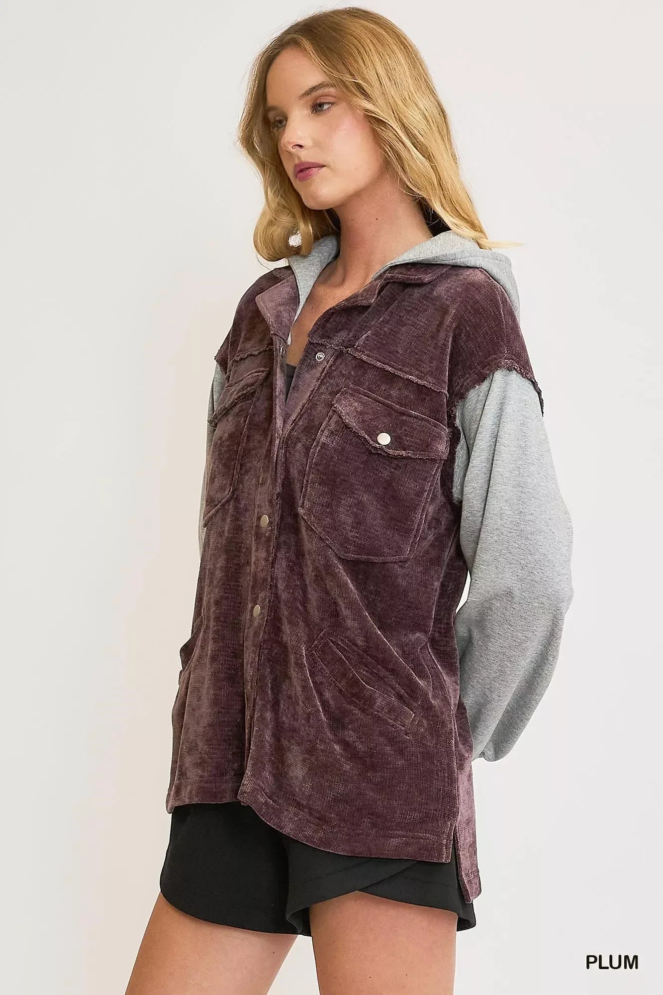 Umgee Contrast Hooded Chenille Jacket Plum - DAVERRI FASHIONS