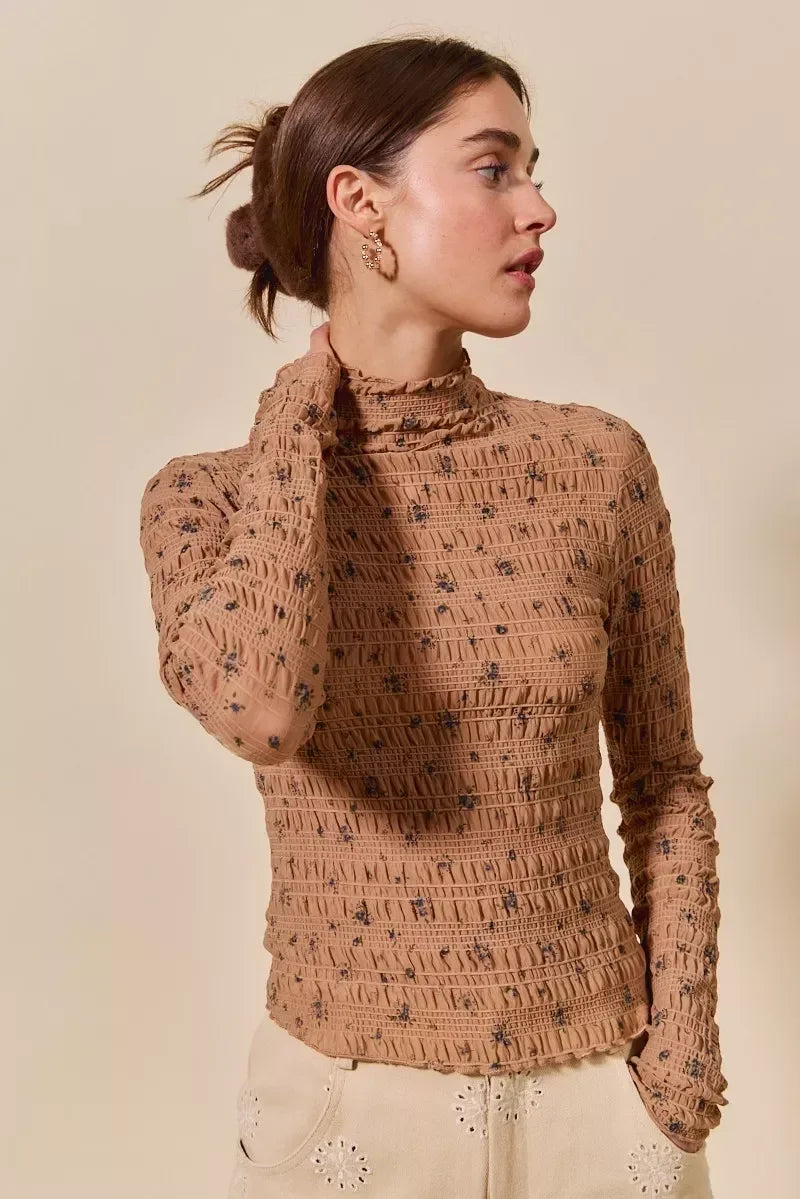 SO ME Floral Print Textured Long Sleeve Knit Top - DAVERRI FASHIONS