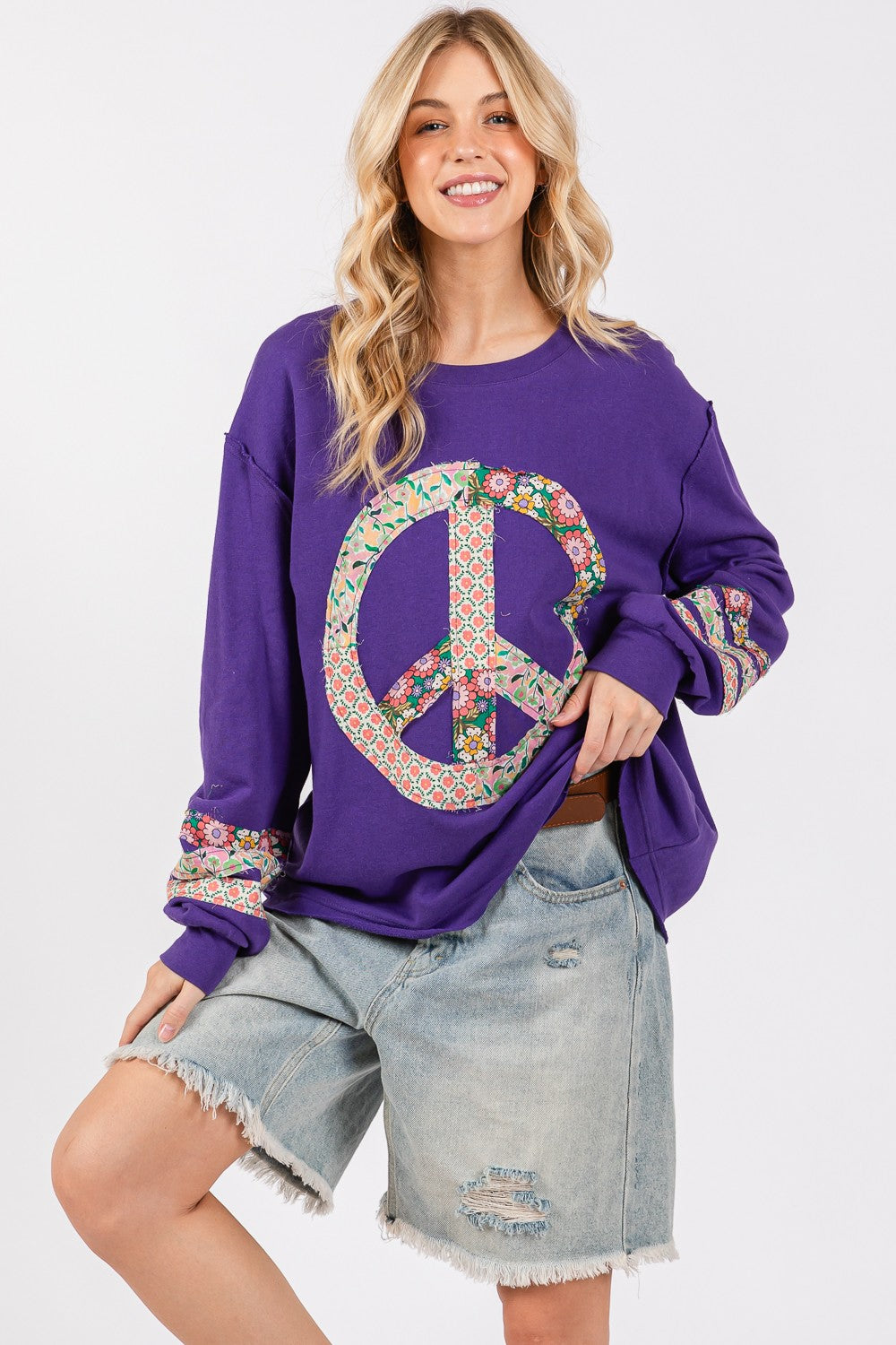 SAGE+FIG Peace Applique Patch Long Sleeve Top Blueberry