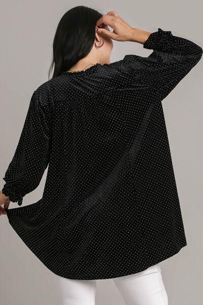 Umgee Full Size Beaded Frill Flounce Sleeve Velvet Babydoll Blouse Blouses