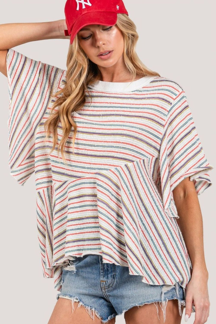 SAGE + FIG Full Size Round Neck Stripe Top Multi M Tops