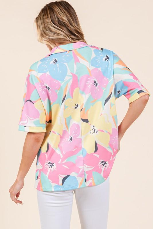 BOMBOM Floral Collared Neck Half Sleeve Top - DAVERRI FASHIONS