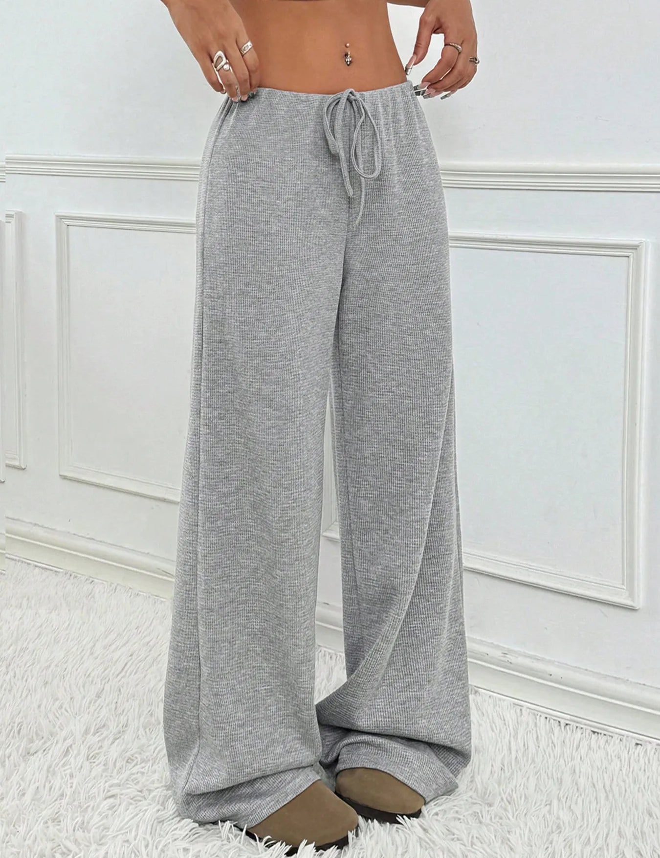 Gray Striped Wide Leg Drawstring Pants | Loungewear Pants Daverri Fashions