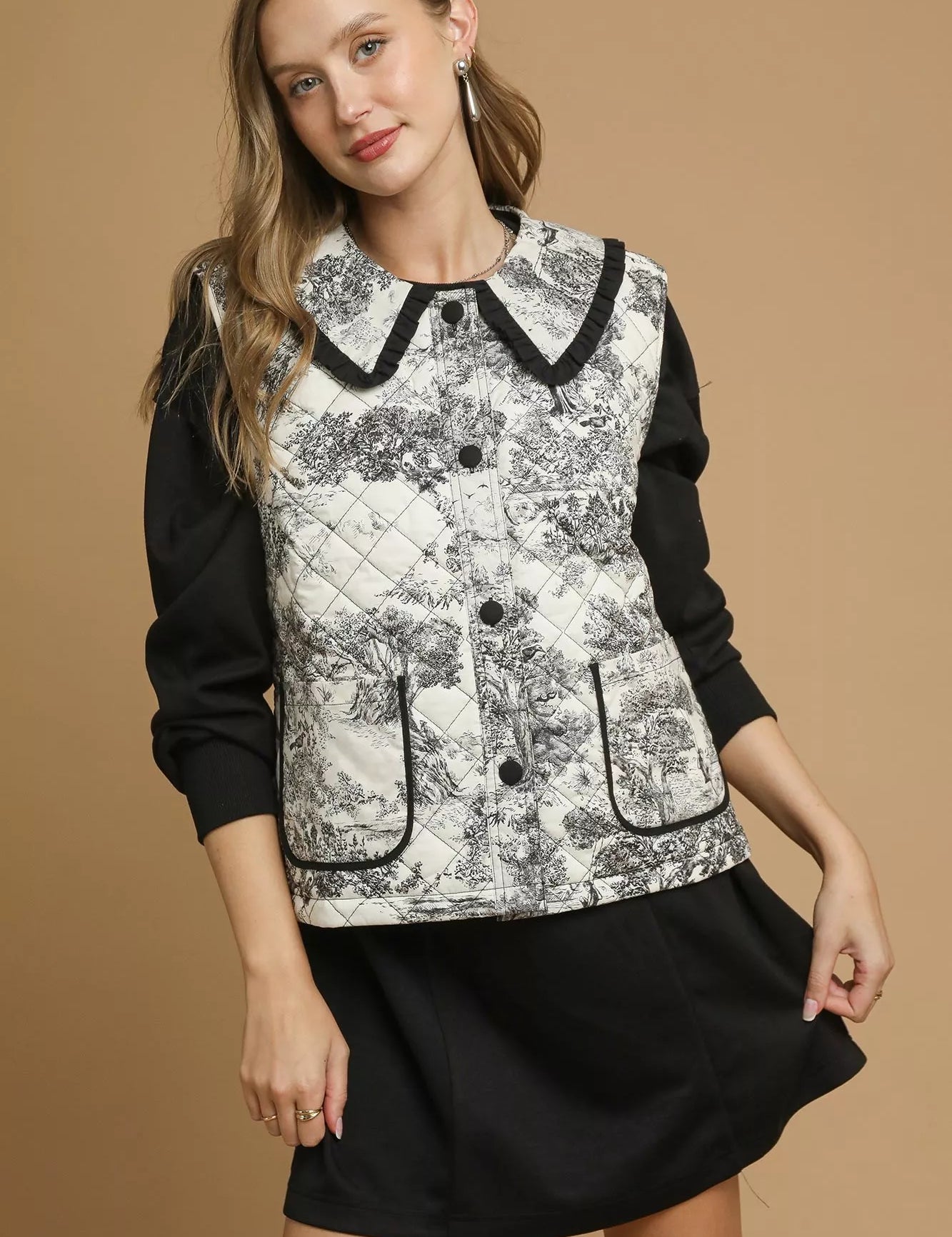 Umgee Toile Quilted Vest with Ruffle Collar | Vest Jackets Daverri Fashions