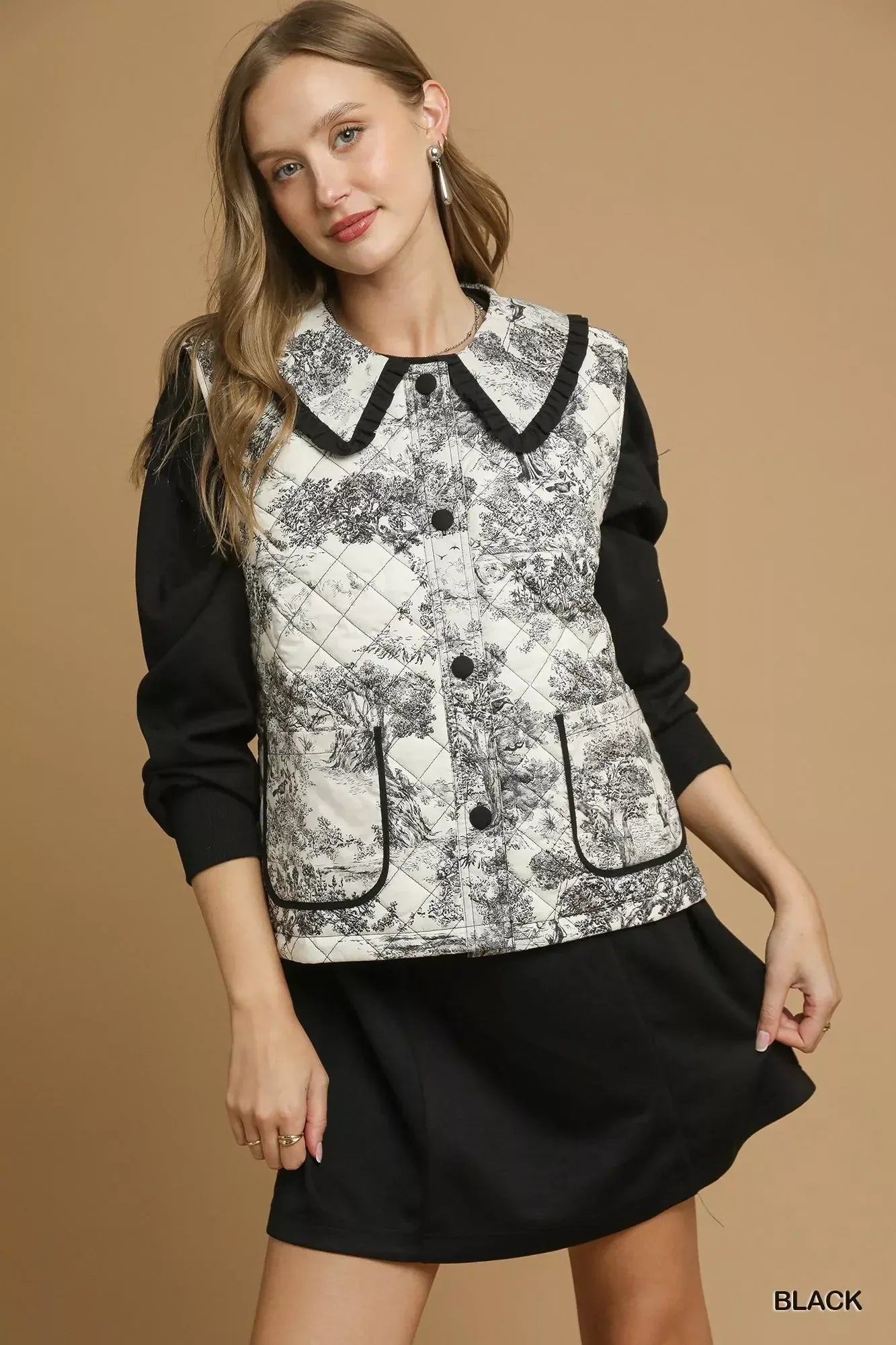 Umgee Toile Quilted Vest with Ruffle Collar - DAVERRI FASHIONS