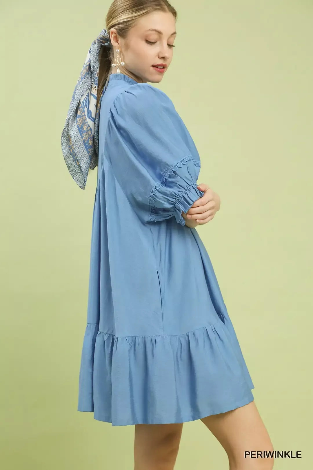 Umgee smocked bib ruffle hem babydoll dress in light blue with puffed sleeves