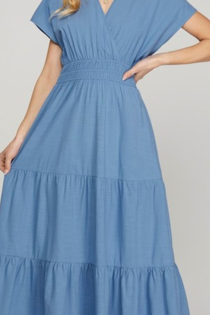 She + Sky Surplice Short Sleeve Tiered Maxi Dress With Pockets Maxi Dresses