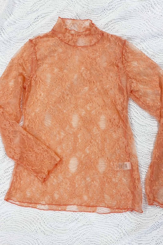 Jade by Jane floral print long sleeve lace mesh top in peach