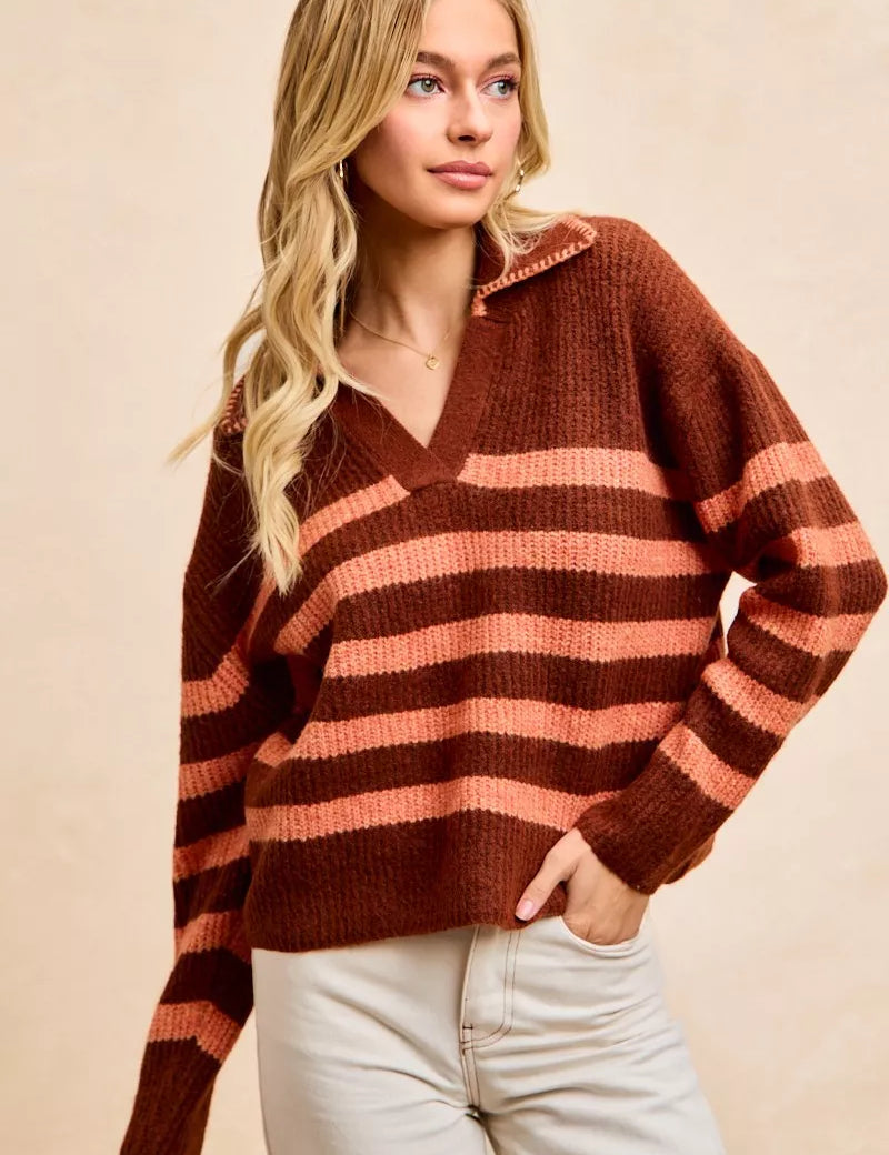 BiBi Striped Sweater Top with Collar Stitched Details | Sweaters Daverri Fashions