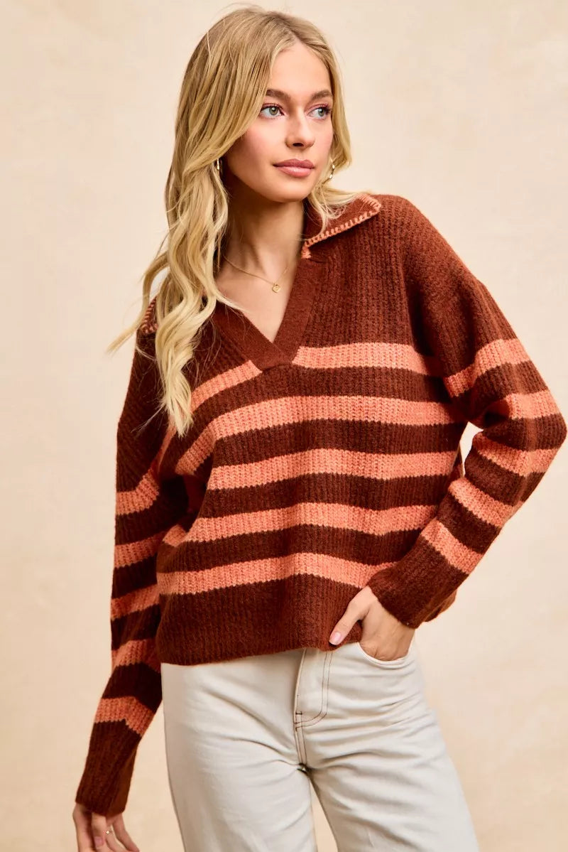 BiBi Striped Sweater Top with Collar Stitched Details | Sweaters Daverri Fashions