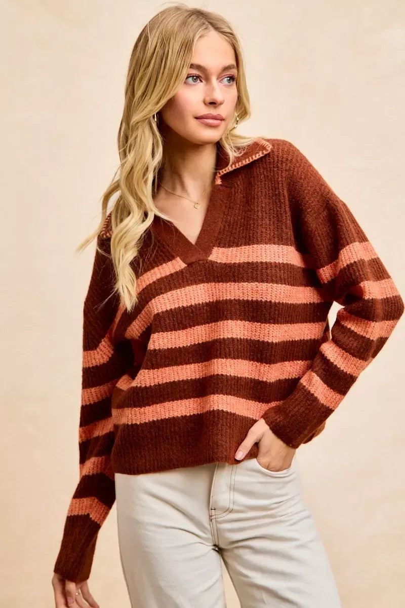 BiBi Striped Sweater Top with Collar Stitched Details - DAVERRI FASHIONS