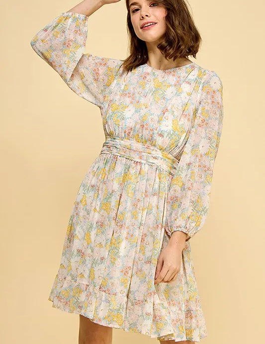 BLUE FLORAL Lime 'N' Chili Chiffon Floral Print Belted Dress with Back Zipper | Daverri Fashions