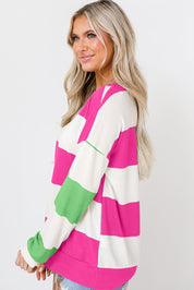 Rose Red Colorblock Striped Drop Shoulder Long Sleeve Top