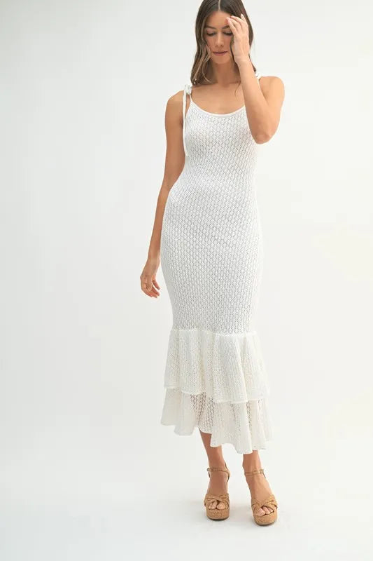 MABLE Sleeveless Shoulder Tie Rose Knit Midi Dress OFF WHITE