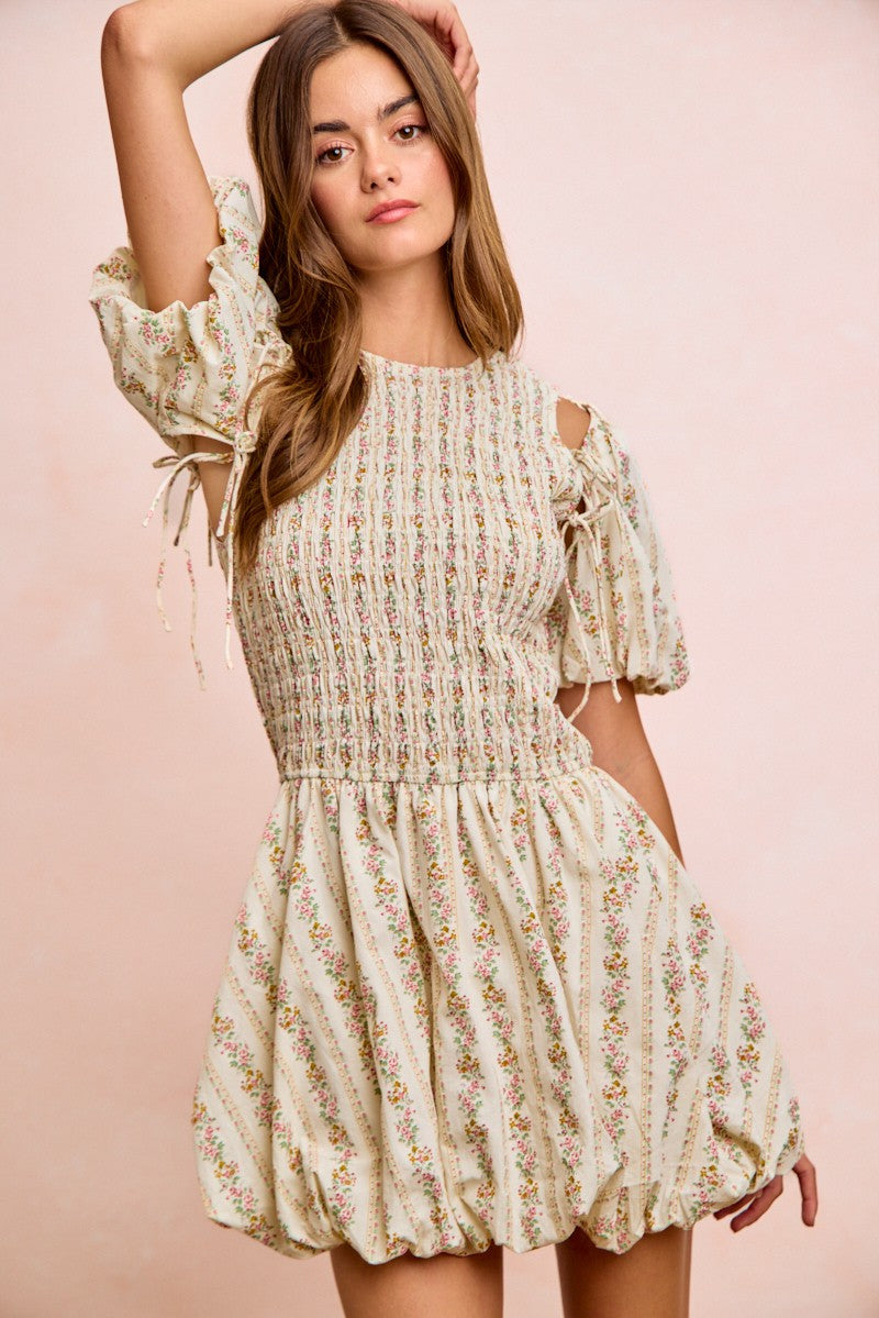 BiBi Floral Bow Tie Attachable Puff Sleeves Dress, cream floral print
