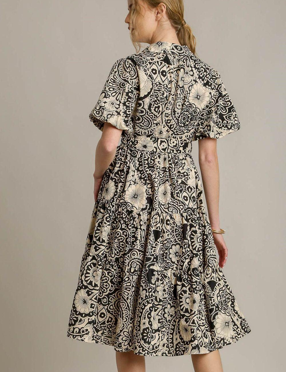 Umgee Full Size Mixed Print A-Line Tiered Midi Dress Plus Size | Daverri Fashions