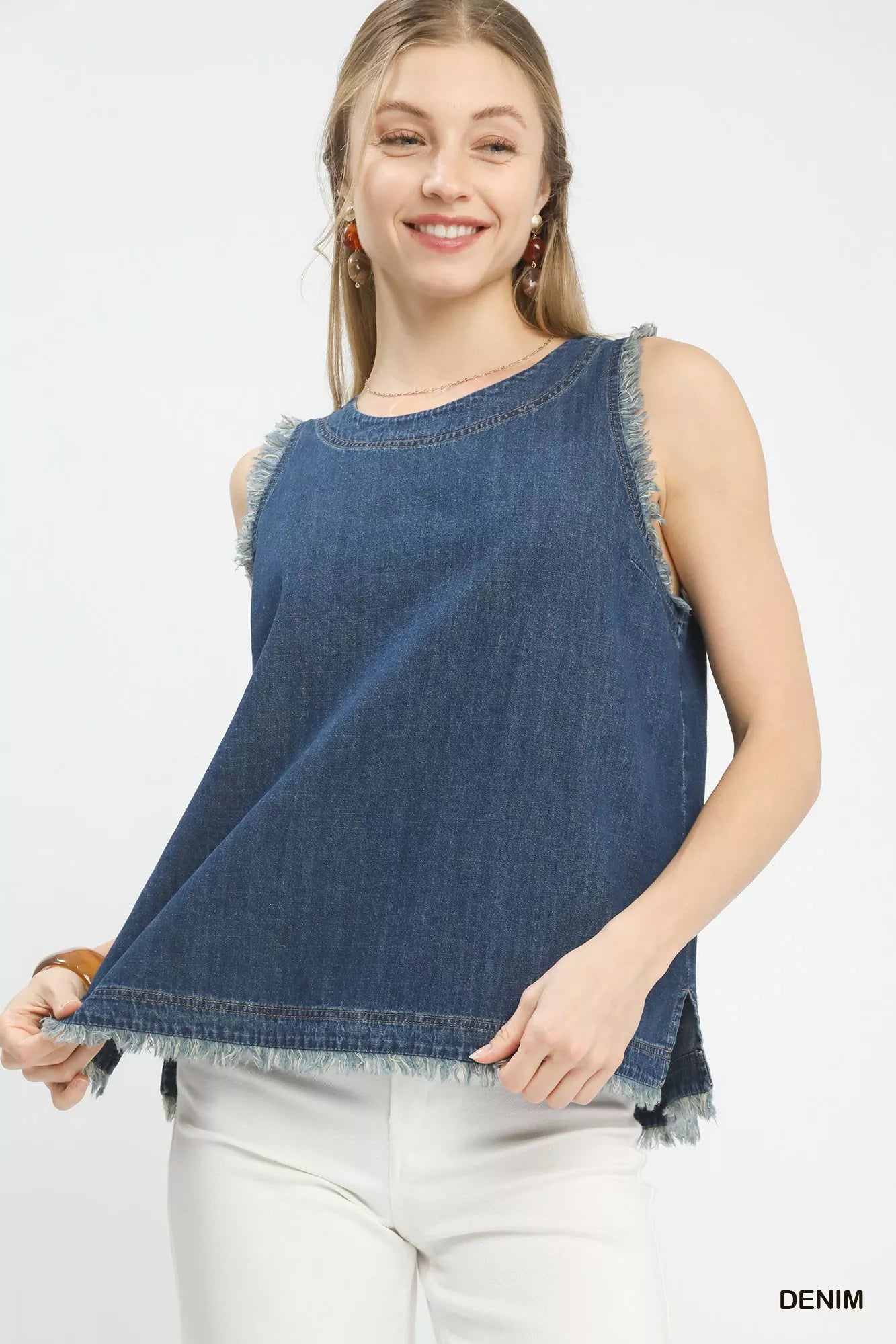 Umgee sleeveless fringe hem denim top in blue with frayed edges