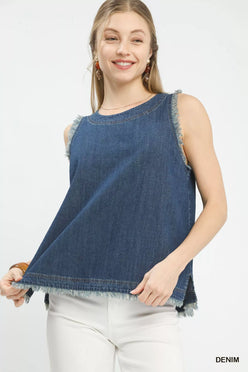 Umgee sleeveless fringe hem denim top in blue with frayed edges