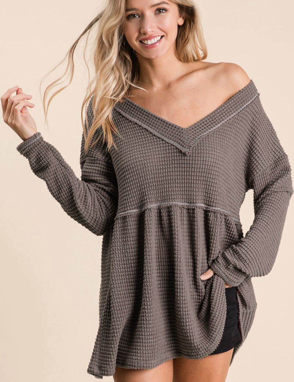 BiBi Waffle Knit V-Neck Babydoll Blouse MOCHA L