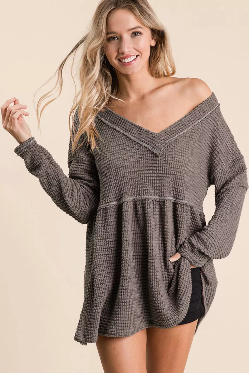 MOCHA BiBi Waffle Knit V-Neck Babydoll Blouse | Daverri Fashions