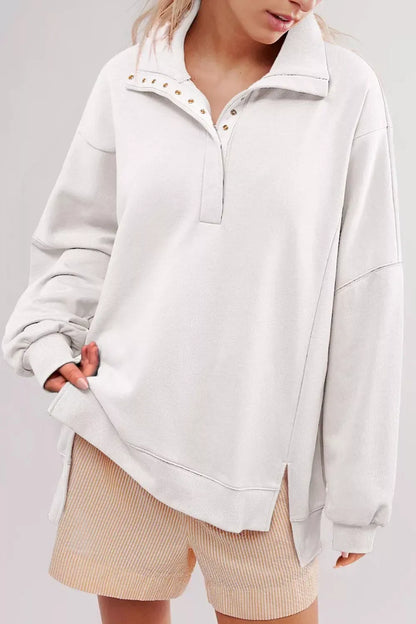 Buttoned Collared Raw Detail High Low Baggy Sweatshirt with Slits - DAVERRI FASHIONS