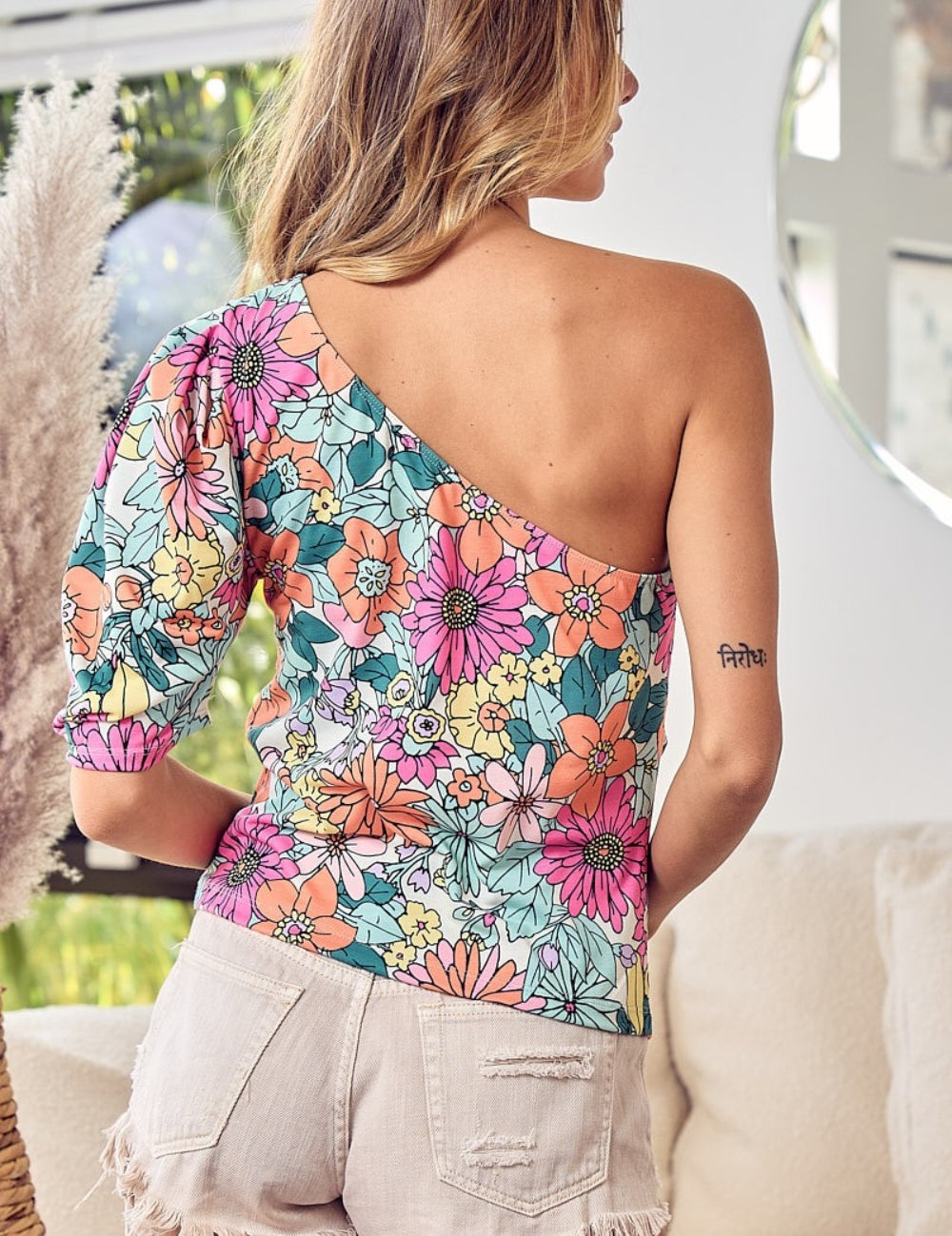 BiBi Floral Puff Sleeve One Shoulder Top