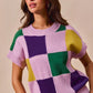 Pastel purple, green, yellow SO ME Mardi Gras plaid knit sweater