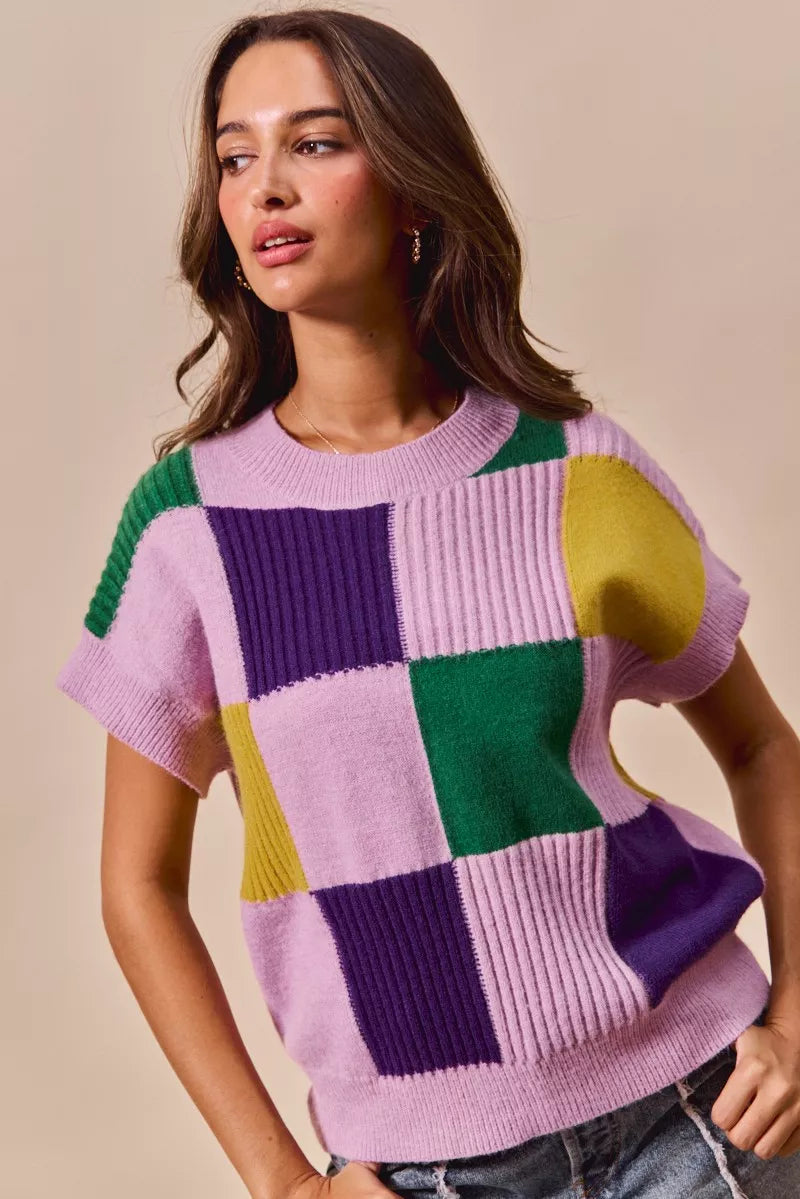 Pastel purple, green, yellow SO ME Mardi Gras plaid knit sweater