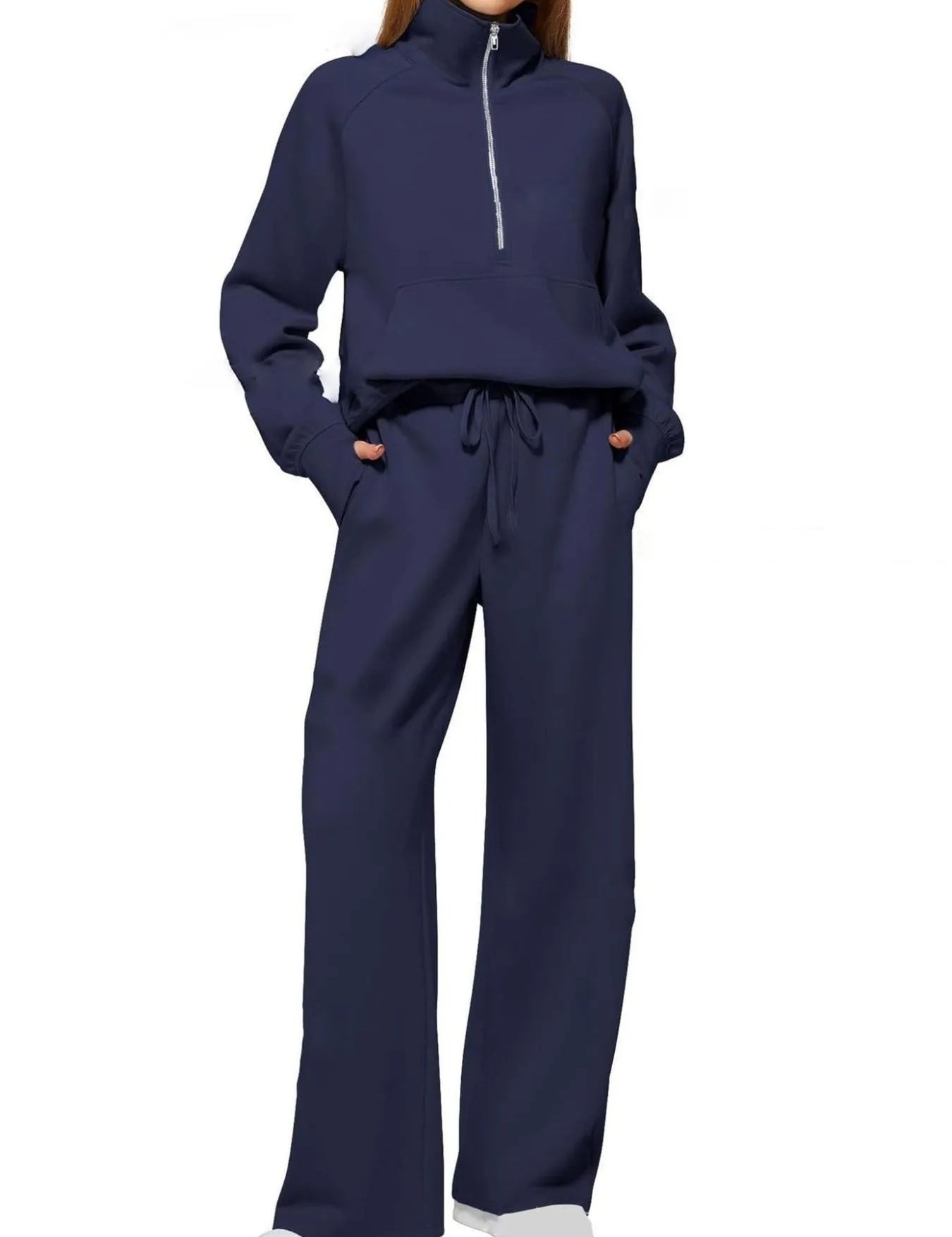 Navy Blue Half Zip Long Sleeve Top and Pants Set | Loungewear Sets Daverri Fashions