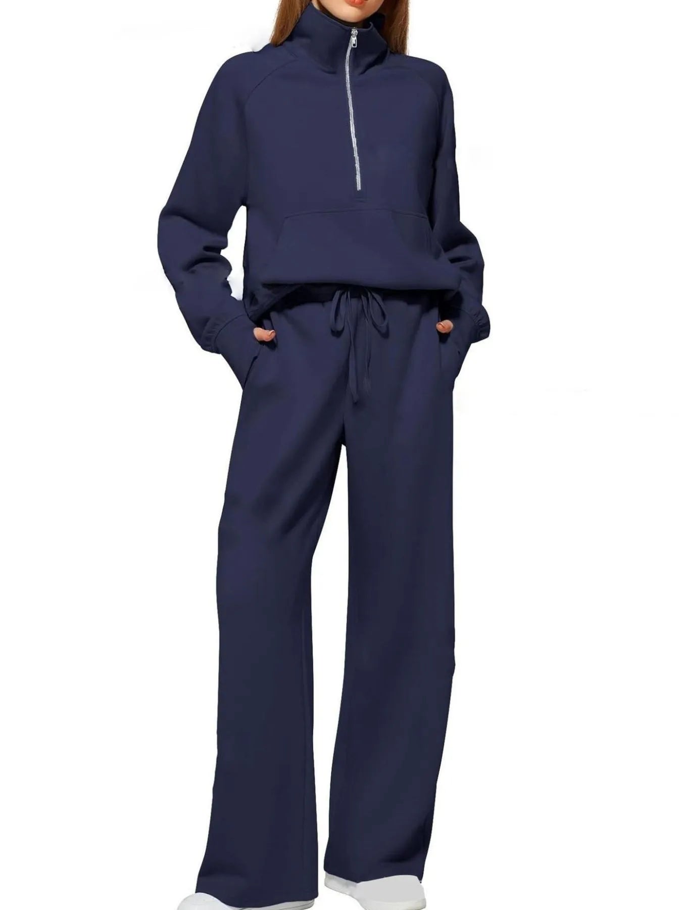 Navy Blue Half Zip Long Sleeve Top and Pants Set | Loungewear Sets Daverri Fashions