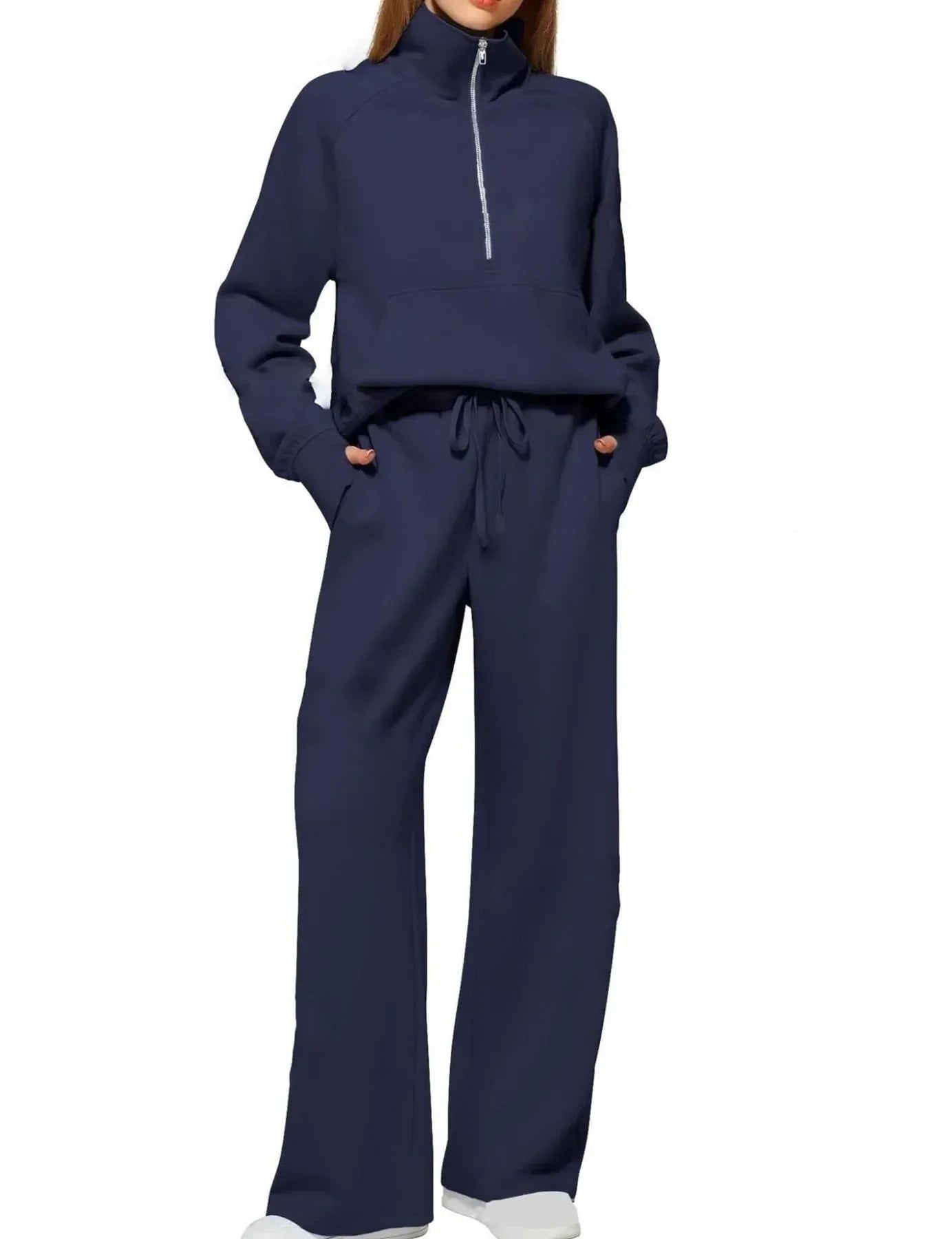 Half Zip Long Sleeve Top and Pants Set - DAVERRI FASHIONS