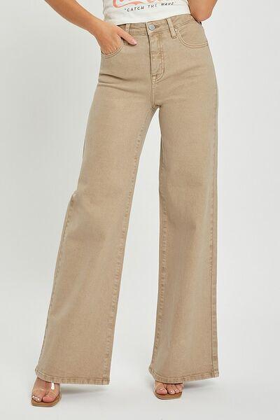 RISEN Tummy Control High Rise Wide Leg Jeans Plus Size Tan 2XL Jeans
