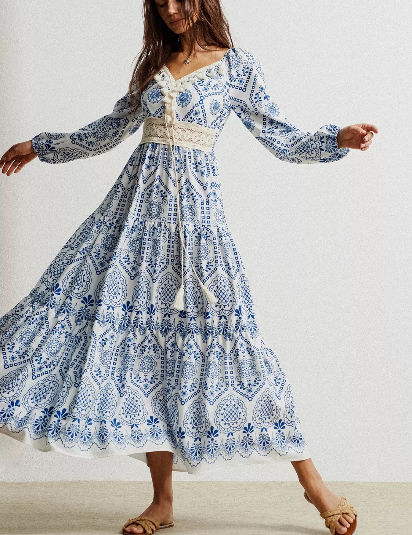 Boho blue white lace maxi dress with floral print and sleeves