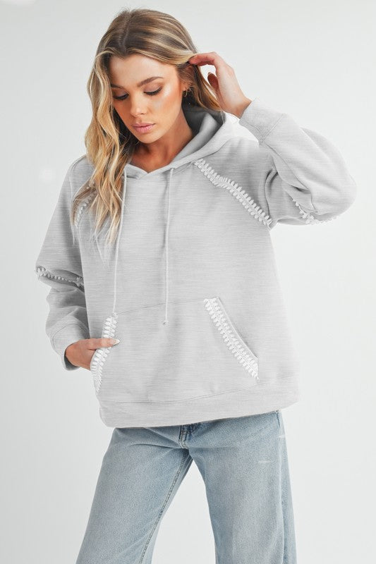 Aemi + Co Lace Detail Drawstring Hoodie with Kangaroo Pocket Light Gray