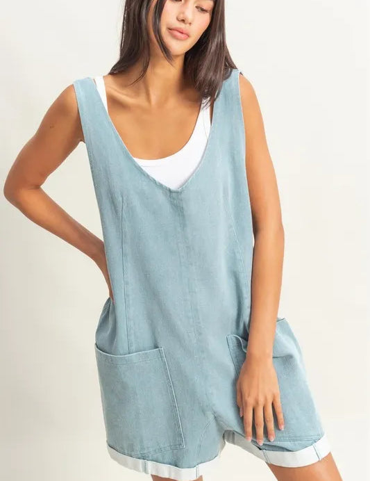 LIGHT BLUE HYFVE V-Neck Pocket Detail Romper | Rompers Daverri Fashions