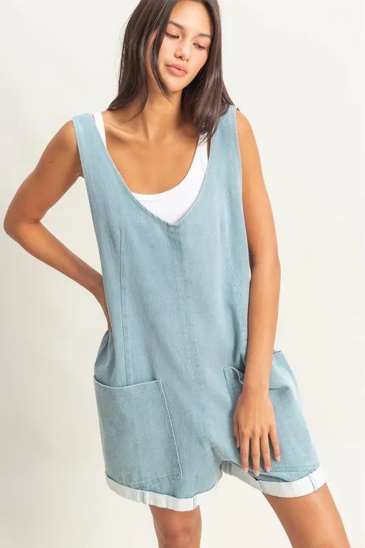 HYFVE V-Neck Pocket Detail Romper LIGHT BLUE Rompers