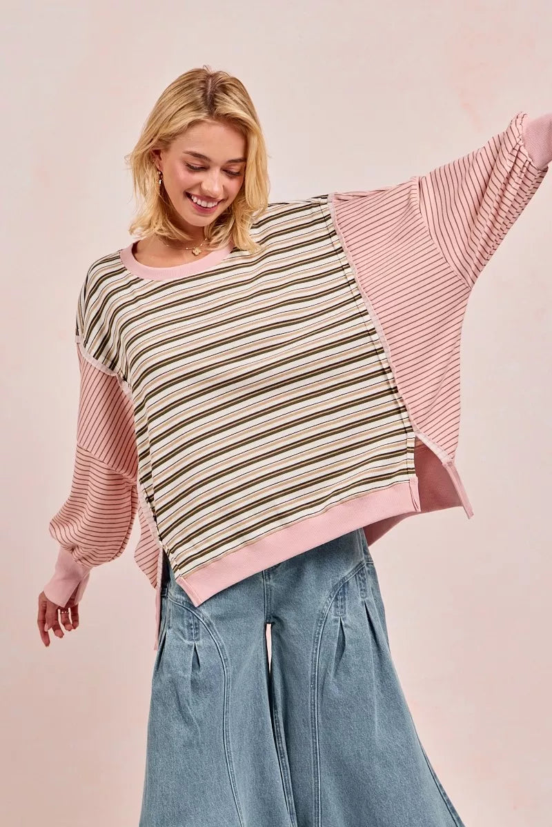 OATMEAL PINK BiBi Stripe Mixed Top With Cut Edge And Reverse Outseam | Sweatshirts Daverri Fashions