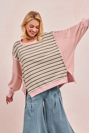 OATMEAL PINK BiBi Stripe Mixed Top With Cut Edge And Reverse Outseam | Sweatshirts Daverri Fashions