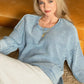 Zenana Washed 3/4 sleeve boxy sweater in dusty blue knit with frayed sleeves