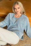 Zenana Washed 3/4 sleeve boxy sweater in dusty blue knit with frayed sleeves