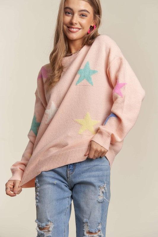 ADORA Blush Stars Pattern Round Neck Drop Shoulder Sweater Sweaters