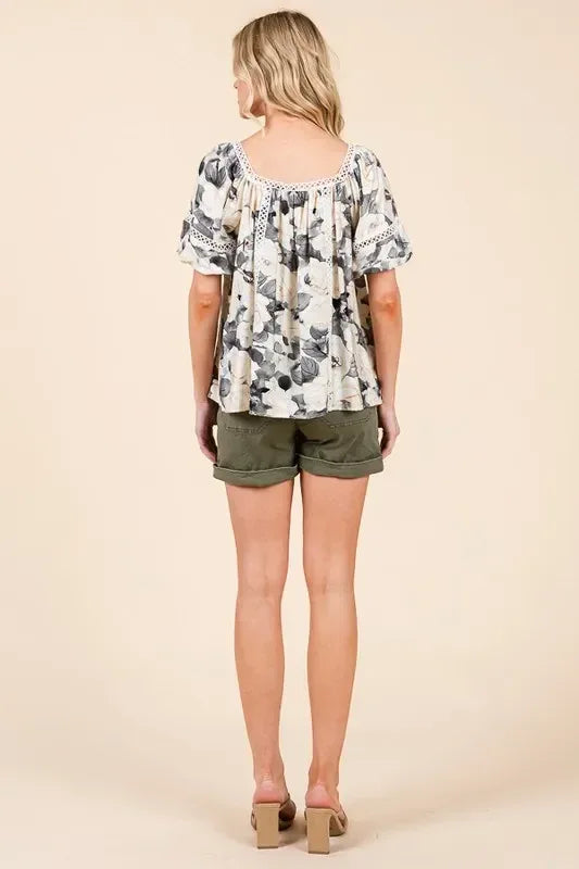 Lime 'N' Chili Floral Print Lace Trim Puff Sleeve Blouse - DAVERRI FASHIONS