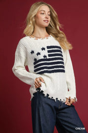 Umgee Distressed American Flag Sweater Cream | Sweaters Daverri Fashions