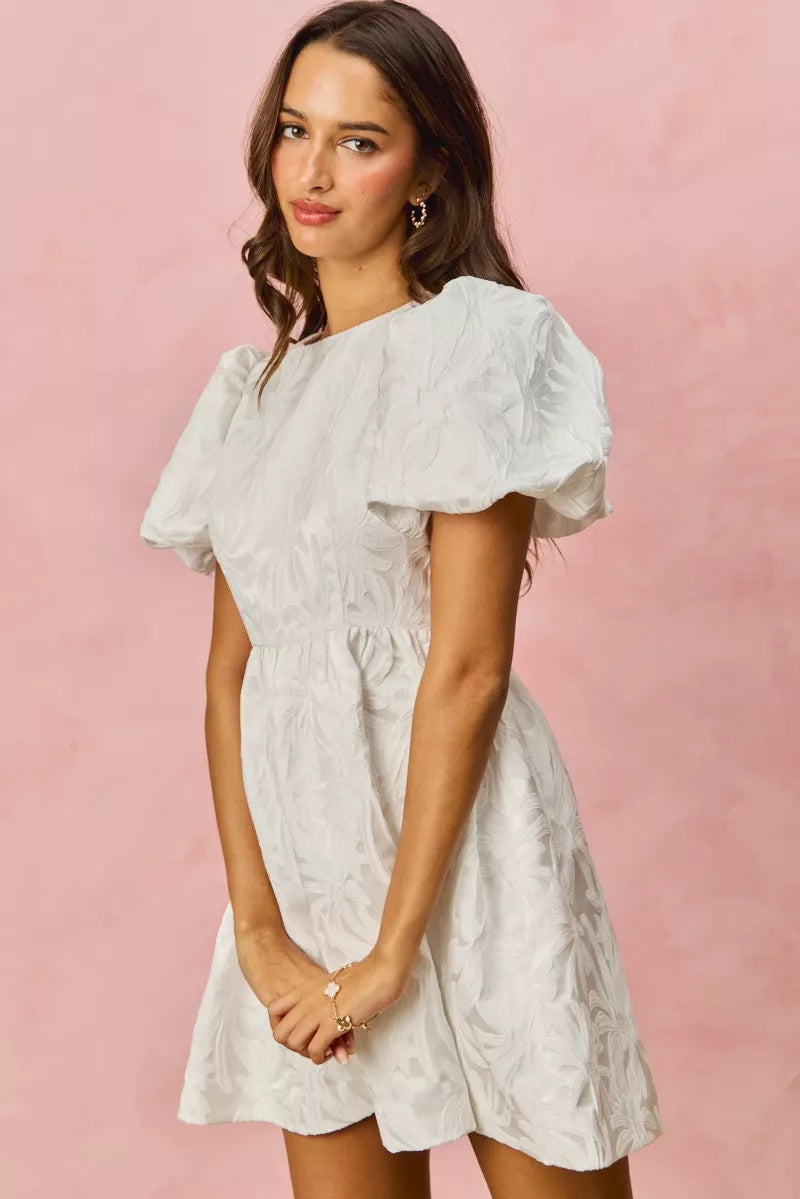 White SO ME floral jacquard mini dress with puffed sleeves